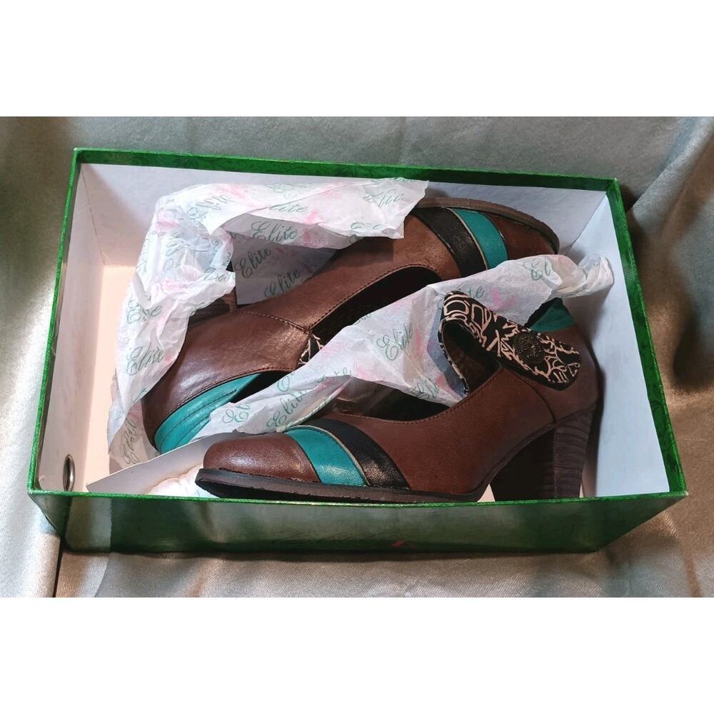 Vtg Mary Jane Corkys Elite Retro Heels 8 NIB Brown Leather Classic Spectator NOS - Picture 2 of 7